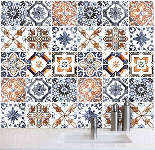 RE-COVERTILES - Fliesenaufkleber Badezimmer und Küche 24 Stck 10x10 cm - PS00001 PVC-Wanddekoration Wasserdicht Fliesen Mosaik Stil Azulejos-Zementfliesen