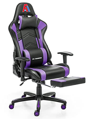 AA Products - Sedia da gaming, con schienale alto, ergonomica, regolabile, con poggiapiedi, supporto lombare, girevole, colore: nero/viola