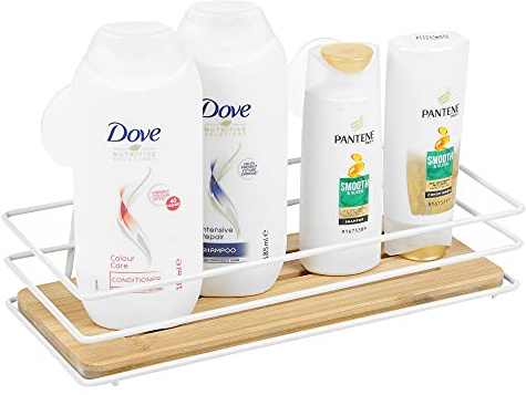 URBNLIVING Étagère de douche en bambou à 2 niveaux avec ventouse rectangulaire