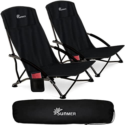 SUNMER Set of 2 Folding Beach Chair with Side Pocket & Carry Bag - Foldable Low Camping Chair, Compact, Lightweight, Portable, 120kg Capacity - Black