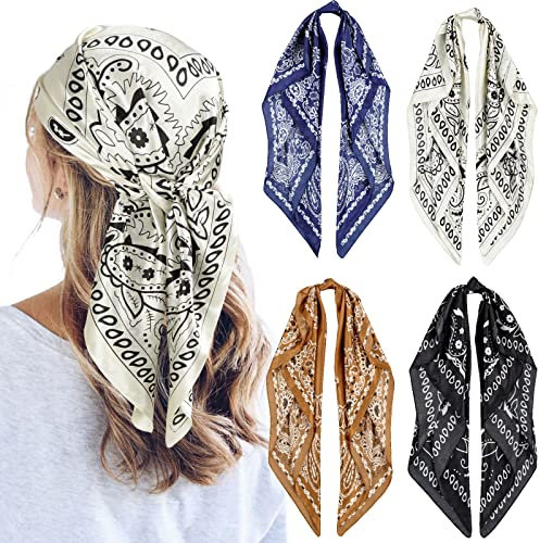 QBSM 4 Pcs 35'' Satin Seidentuch – Großes Quadratisches Kopftuch für Frauen, Seidenschal für Haar, Schlaf & Hals (90x90cm)