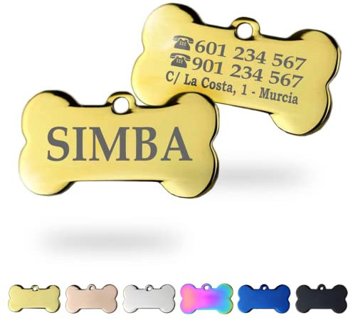 Ibera Gifts - Chapa Perro Grabada en Forma de Hueso | Placa Perro Personalizada para Perros y Gatos Medianos y Grandes | Placa Identificativa en Acero Inoxidable (Dorada)