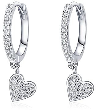 Bo Win 925 Sterling Silber Ohrringe Herz Ohrringe Damen Creolen Silber mit Herz Anhänger Silber Ohrringe Hängend Klein Ohrhänger mit Cubic Zirkonia Ohrringe Silber für Damen Frauen Mädchen