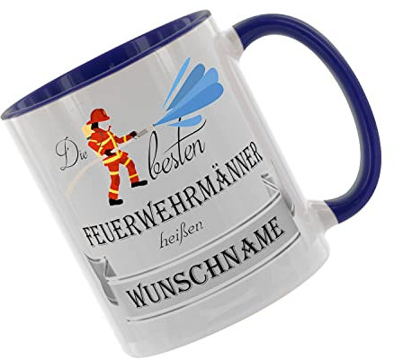 Crealuxe Kaffeetasse - Die besten Feuerwehrmänner heißen (Wunschname) - Spruchtasse, Bürotasse, bedruckte Keramiktasse, Tasse mit Spruch, Hochwertige Kaffeetasse (Blau)