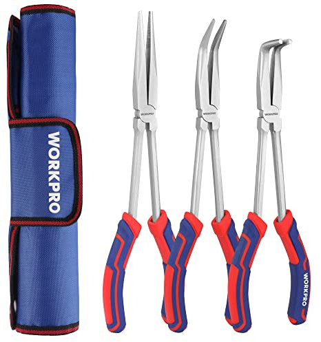 WORKPRO 3PC Long Reach Pliers Set, 11 Inch Extra Long Needle Nose Pliers Set Includes Straight, 90° & 45° Bent Nose Pliers, Pliers Tool Set for Narrow Spaces