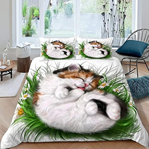 Bettwäsche 135×200 3D-Digitaldruck 2teilig Katze Bettwäsche-Sets Kinder Mikrofaser mit Reißverschluss Katzenmuster Soft Jungen Mädchen Bettwaren Bettbezug mit Kissenbezug 80x80 cm