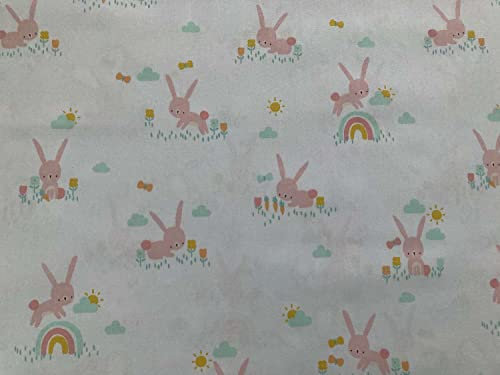 Stoffe zum Nähen für Kinder, 100% Baumwolle, keine Meterware: 0,5m Baumwollstoff Zuschnitt mit Tiere - Mädchen Ostern Kinderstoff - Hase Regenbogen Blumen Schmetterling - rosa grau mint gelb orange