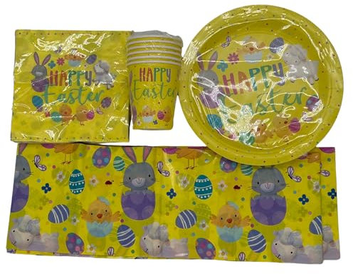 ACL stores 25-Piece Easter Tableware Set – Bunny Paper Plates (6pk), Cups (6pk), Napkins (12pk), and Table Cover – Spring Party Supplies for Kids Easter Celebration (Yellow)