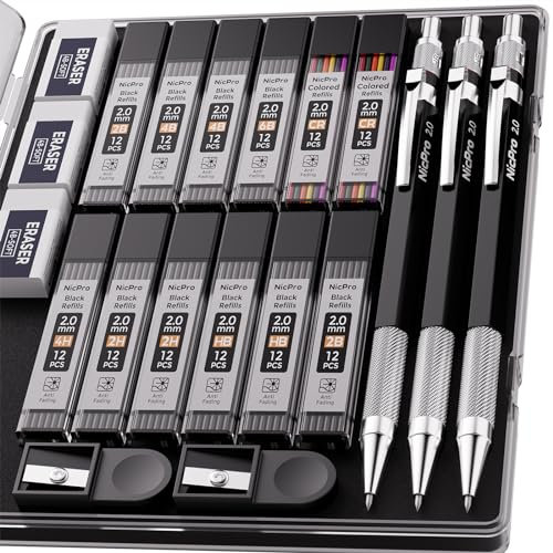 Nicpro Druckbleistift-Set aus Metall, 2 mm mit Etui, 3 Minenhalter, 2,0 mm, mit 144 Minen (4H 2H HB 2B 4B 6B Farbe), Radiergummi, Spitzer zum Zeichnen, Schreiben, Zeichnen, Skizzieren