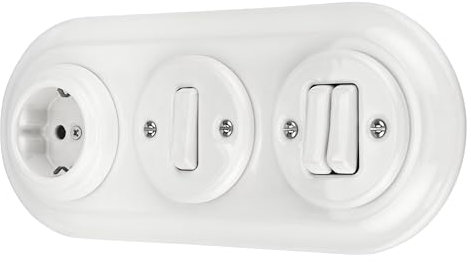 Unterputz Porzellan Retro Steckdose, Schalter, 3-fach, All-in-One, Serie PR1 weiß
