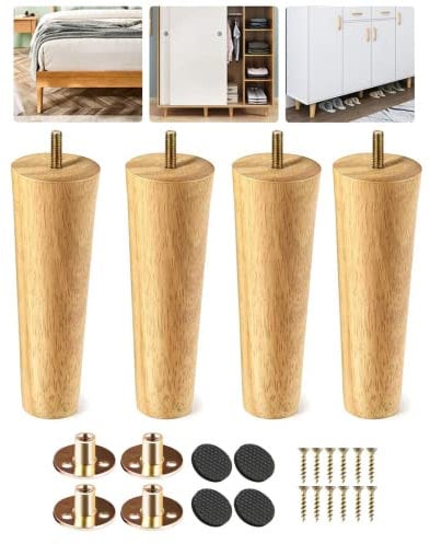 Eidoct Solid Wood Furniture Legs - Cabinet, Table, Chair & Dresser Replacement Legs with Rubber Protection Pads & Pre-Drilled M8 Bolts (8 / 20cm)