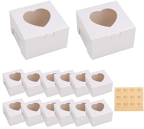 VIDETOL 100 Pcs Small Cake Boxes, 4 Inch Small White Cake Boxes with Clear Window and Labels, Individual Cupcake Box Bakery Box for Cakes Portions Gift Candy Cookies Cupcake Dessert