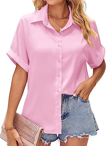 HANERDUN Camicia Donna Elegante Manica Corta Top Estivo con Bottoni in Raso Camicetta con Scollo a V a Tinta Unita Maglietta di Seta