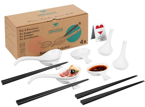 Ramen Schüssel Zubehöre aus 4 Ramen Löffel Porzellan 4 Paar Essstäbchen Bambus 4 Dipschalen Porzellan, Essstäbchenbank, Löffelablage für Ramen Bowl, Asiatische Suppenschalen, Bowl Schüssel