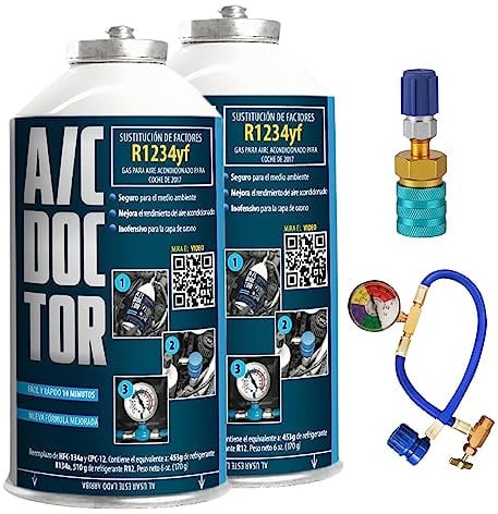 AC DOCTOR Pack 2 Canette Réfrigérant remplace le R1234yf pour recharge la climatisation voiture après 2017 + tuyau avec manomètre + adaptateur rapide R1234yf