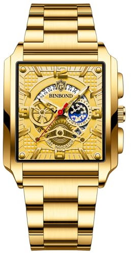 JewelryWe Uhren Herren Edelstahl Quadratisch - Luxus Datum Kalender 30m Wasserdicht Analog Quarz Armbanduhr Männer Edelstahl Armband Uhr mit Gold Rechteckigem Zifferblatt und Leuchtenden Zeiger