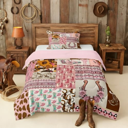 Erosebridal Western Bedding Bettdecken-Set für Kleinkinder, Mädchen, Kuhdruck, Boho-Kuhfell, Western-Stil, Bauernhaus-Hufeisenmuster, Steppdecke, 2-teilig, Rosa