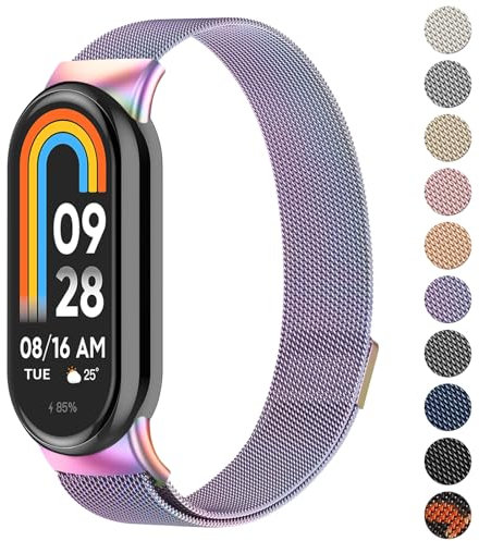 Oumida für Xiaomi Mi Smart Band 8 Armband Herren Damen, Metall Armbänder Edelstahl Mesh Uhrenarmband Magnetisch Verstellbar Sport Ersatzarmband für Xiaomi Mi Band 8 Ersatzbänder, Bunt