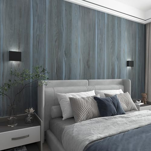 TOTIO Blue Wood Grain Self Adhesive Wallpaper Waterproof Matt Thicken Bubble-Free Design 16x118inch Peacock Blue Wood Effect Vinyl Wrap PVC Wall Sticker Worktop Covering