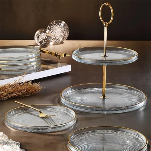 Fecra Loren 7 Piece Glass Serveware 16cm Plates Set with Tiered Cake Stand, Gold