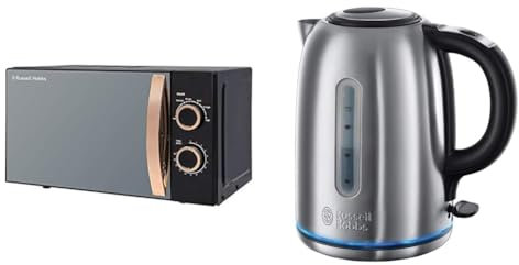Russell Hobbs RHM1727RG 17 Litre 700 W Rose Gold Solo Microwave with 5 Power Levels, 30 Minute Timer & Brushed Stainless Steel Electric 1.7L Cordless Kettle (Quiet & Fast Boil 3KW