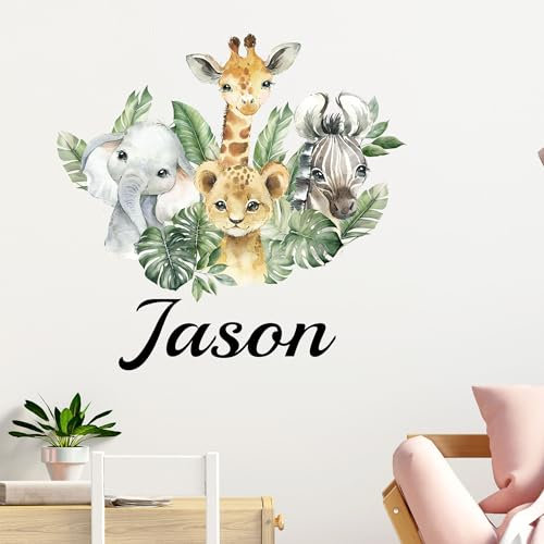 Custom Safari Wall Stickers, Jungle Theme with Name for Children’s Playroom or Bedroom, Animal Decal for Baby Nursery or Toddler Room