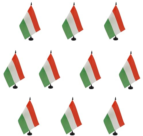 AZ FLAG 10 Stück Tischflagge Ungarn, 21 x 14 cm – 10 kleine ungarische Büroflaggen, 100% Polyester, mit Fahnenstange von 25 cm und Sockel aus schwarzem Kunststoff