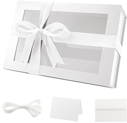 PKGMAGIC Große Geschenkbox, weiß, mit Fenster, 34,3 x 22,8 x 10,4 cm, klare Geschenkbox für die Präsenz, Geschenkbox mit magnetischem Deckel