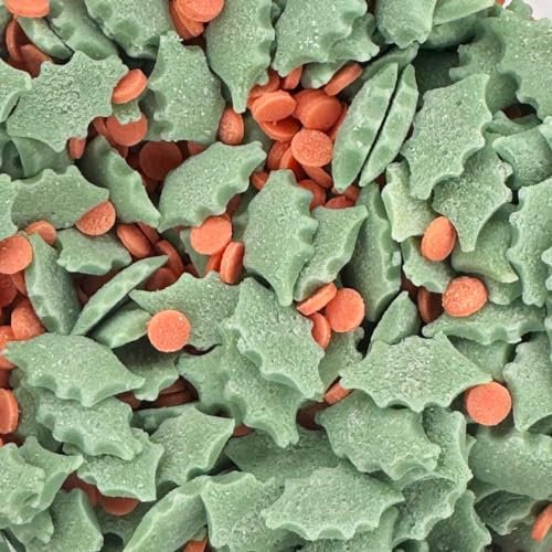 A Pinch Of - Bigger - Christmas Holly & Berries Sugar Shapes Cake Topper Sprinkles - 65g Matt Sugar Festive Cake Toppers - Edible Christmas Cake Decorations UK for Christmas Baking