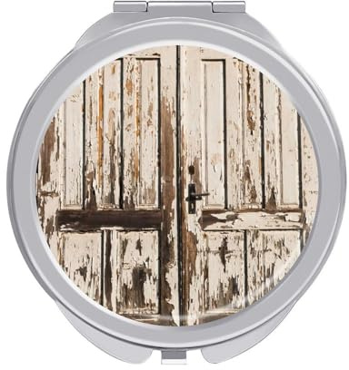 Old Vintage Wooden Door Retro Wood Texture Folding Make Up Mirror, Compact 2X/1X Magnification Mirror, Women Portable Travel Makeup Mirror 2.4 x 2.4 inch