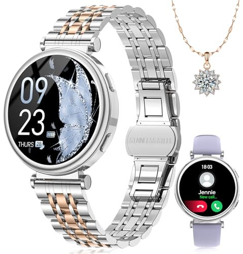 Sanorum Smartwatch Damen, 1.27 HD Voll Touchscreen Armbanduhr mit Telefonfunktion, Geschenk Damen Menstruationszyklus SpO2 Pulsuhr Schrittzähler Kalorien Fitness Tracker IP68 iOS Android Silver/Gold