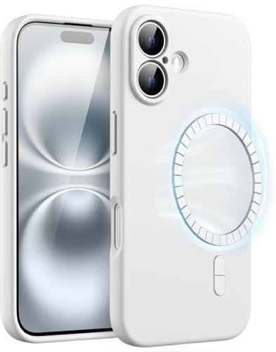 JETech Magnetic Silicone Case for iPhone 16 6.1-Inch, Compatible with MagSafe, Silky Soft Touch, Shock Absorbing Phone Cover with Camera Lens Full Protection (White)