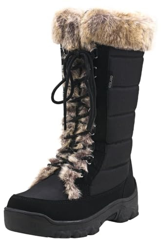 AUSLAND Women's Black Winter Snow Boots Twin Peaks Fur Cuff Mid-Calf Waterproof Lace Up Boots E7623 6US/37EU