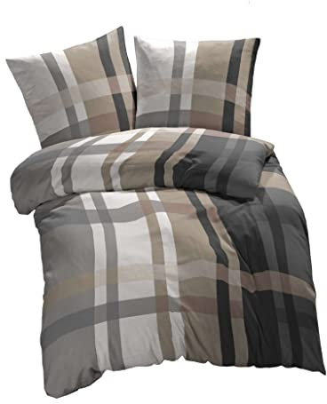 etérea Microfaser Bettwäsche 200x220 3 teilig - Ganzjahres Bettbezug - Urban Check Kariert Bettwäsche-Set mit Kissen 200x200cm + 2Stk 80x80cm - Braun