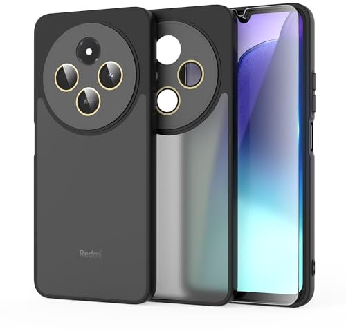 MIKULLE Cover per Xiaomi Redmi 14C 4G / Redmi A4 5G con 1 Pezzi Pellicola Vetro Temperato,Opaca Traslucida Hard PC e Silicone TPU Bumper Case Morbido Slim Antiurto AntiGraffio - Nero