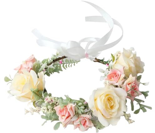 Geoyien Couronne Fleur Cheveux, Couronne Florale Réglable, Guirlande de Fleurs, Couronne Florale, Bandeau de Fleurs de Roses, Fleur Bohème de Mariage avec Ruban pour Femmes et Filles (1 Pièce)