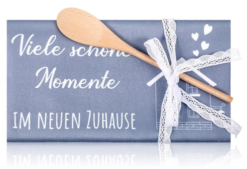 Xuniea Geschenkidee zum Einzug Geschirrtuch mit Spruch Neuen Zuhause Geschirrtuch zum Einzug Kochlöffel aus Holz Geschenke für Umzug Neues Zuhause Wohnung Geschenk(Viele Schöne Momente)