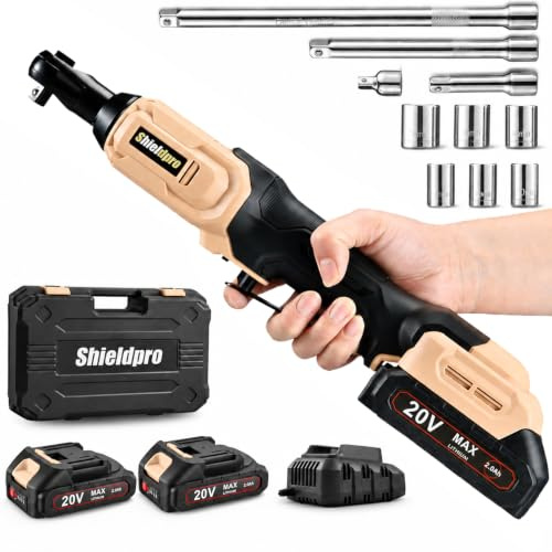 SHIELDPRO 3/8 Cordless Ratchet Wrench Set, 20V Brushless Electric Ratchet Kit, 400RPM 45Ft-lbs Battery powered Ratchet with LED Light, Yellow