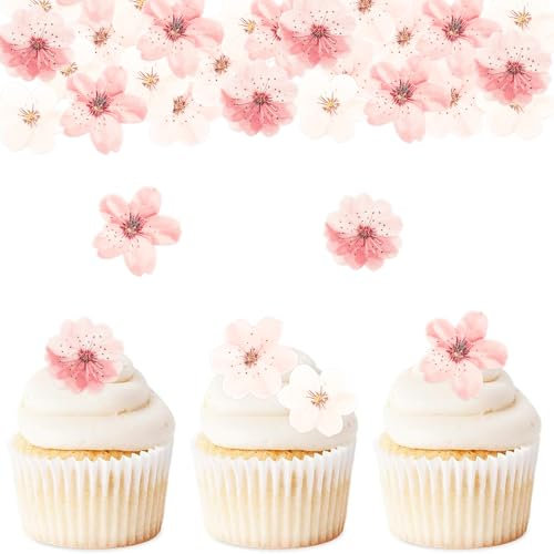 ENLACE Kirschblüten Tortendeko Blumen Essbar,48 Stück Kirschblüten Cupcake Deko,Essbare Blumen für Torte,Essbare Blüten Tortendeko Hochzeit,Esspapier Blüten Deko Torte Geburtstag Kuchen Deko Essbar