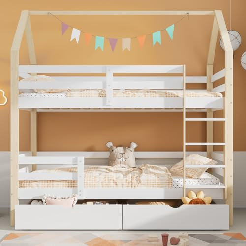 BLUON HOME Doppelbett, Kinderbett in Hausform, Ins und aus dem Bett kommen,große Schubladen, Kiefernholz Haus Bett for Kids, 90 x 200 cm, ohne Matratze, weiß+Holzfarbe