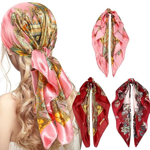 Fonyiunce 3 Stück Faux Blume Bandana, Kopftücher für Damen, 90 x 90 cm Großes Quadratisches Satin-Kopftuch, Große Quadratische Kopftuch Damen, Glatter Seidenschal, für Damenhaar, Alltag oder Party