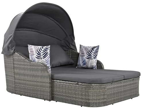 LANOX Gartenmöbel Set Gartensofa mit PE-Geflecht, ausziehbarer Baldachin, Verstellbarer Rückenlehne & Sitzkissen – UV-Schutz, 203x120x126 cm, inkl. Montage