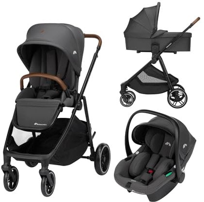 Bebeconfort Luvia Trio, Kinderwagen 3 in 1, 0–4 Jahre (0–22 kg), Baby Kinderwagen, Babyschale, Kinderwagenaufsatz, Smartes Faltsystem, Verstellbarer Schieber, Stoßdämpfung auf Rädern, Mineral Graphite