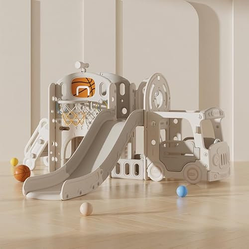 Zkiprm 5 en 1 Versatile Toboggan Bebe, Toboggan Interieur Enfant, Toboggan Exterieur Enfant, Toboggan Extra Long 200CM, Cadres de Basket-Ball, Buts de Football, Mini-Bus, Escaliers (Gray)