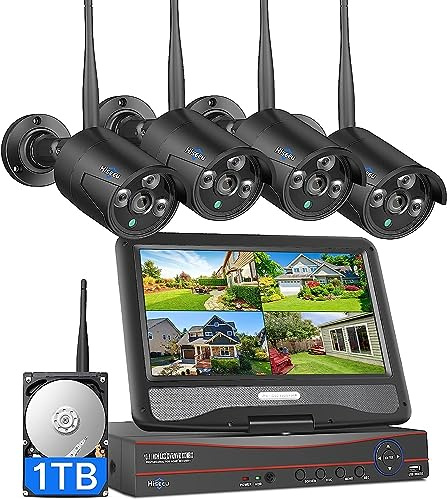 Hiseeu Home Security Camera System, 24/7 Recording Wired Plug-in Powered 4Pcs 5MP Outdoor Cameras, 10.1 LCD 16CH 8MP NVR&Monitor, One-Way Audio, Motion Detection, 1TB HDD, 2.4G/5G Wireless WiFi Pro