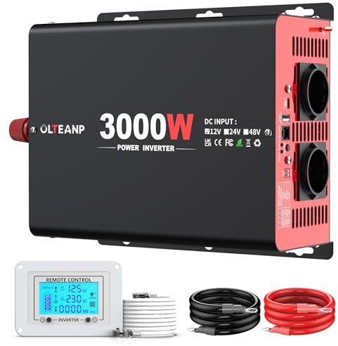 3000W Wechselrichter 12V auf 230V Modifizierter Sinus Wechselrichter mit 2 AC Ausgängen, 30W Type-C Port, 3.1A USB Port, Fernbedienung auf LCD Bildschirm, Stromwandler für LKW, Haus, Fahrzeuge, Reise
