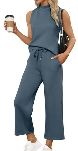Zweiteiler Damen Ärmellose/Kurzarm Hosen Mit Weites Bein Hosenanzug 2 Teilig Leicht Tshirt Und Hose Elegant Sommeranzug Casual Sommer Outfits Bequem Jogginganzug Business Anzug(Light Blue,XS)