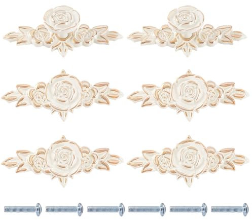 GOMAKERER 6 de Boutons D'Armoire Euro Rose avec Plaque Arrière Poignée de Tiroir Décorative Vintage de Fleur avec Bord Doré en Alliage Blanc Ivoire pour Coiffeuse Armoire Commode Table de Chevet