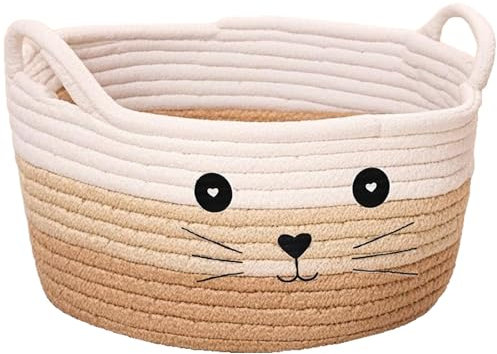 Cat Toy Box, 8.3 X 4.7 Inch Cat Toy Basket, Cat Basket for Pet Toys Cute Storage Basket with Ears Decorative Small Toy Box for Puppy Decorative Storage Basket(White Brown Khaki)