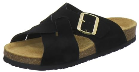 AFS-Schuhe 2141, Sommer Pantoletten Damen Leder schwarzalen mit Fußbett, flach Hausschuhe (39 EU, schwarz)